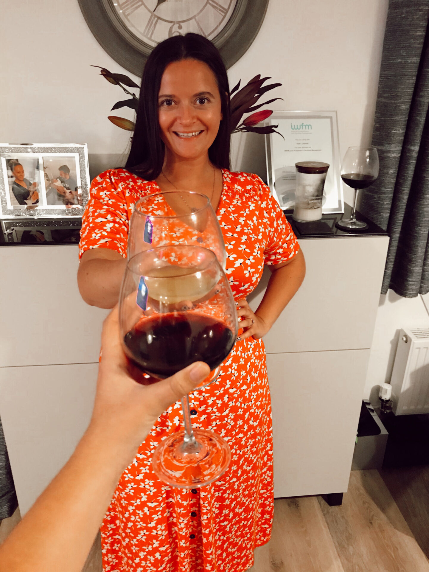 female wears red jersey dress