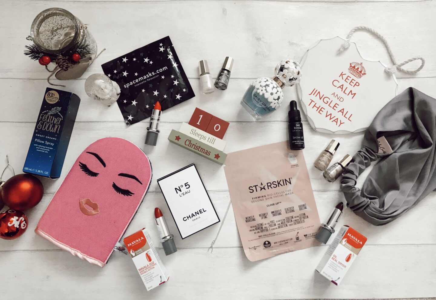 flatlay of beauty products taken by loverosiee blogger